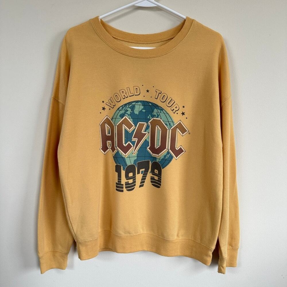 AC/DC Sweatshirt Yellow Long Sleeve Pullover 1979 World Tour Band Reprint SMALL - Picture 1 of 9